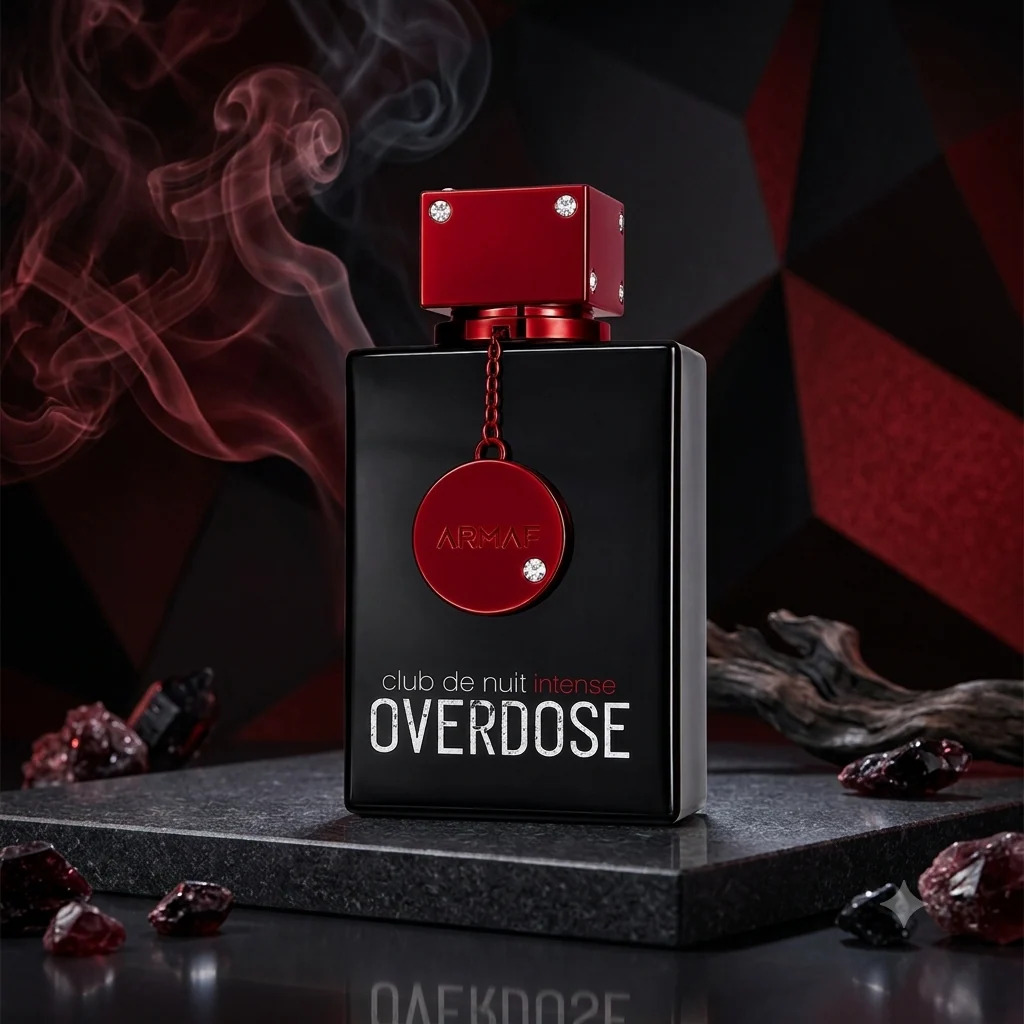 Club de Nuit Intense Overdose sostenido con guante negro entre humo rojo