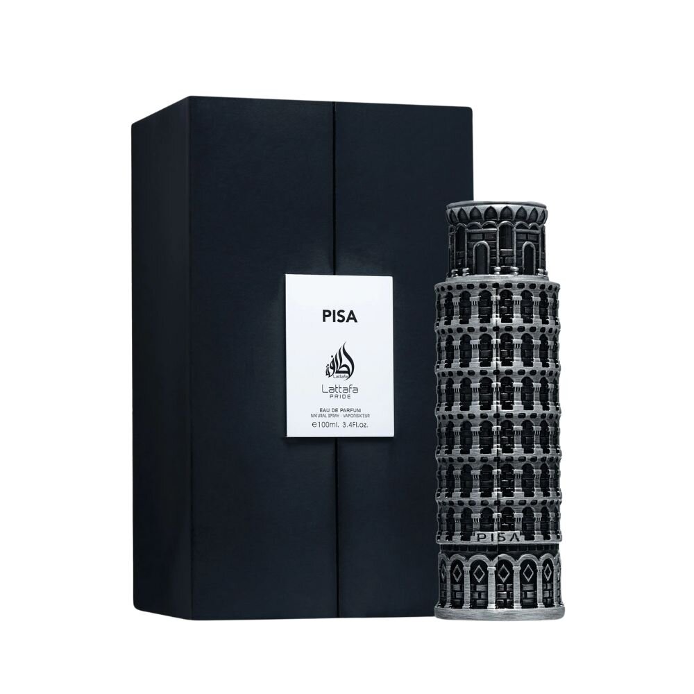 Lattafa Pride Pisa con su caja negra y frasco inspirado en la Torre de Pisa